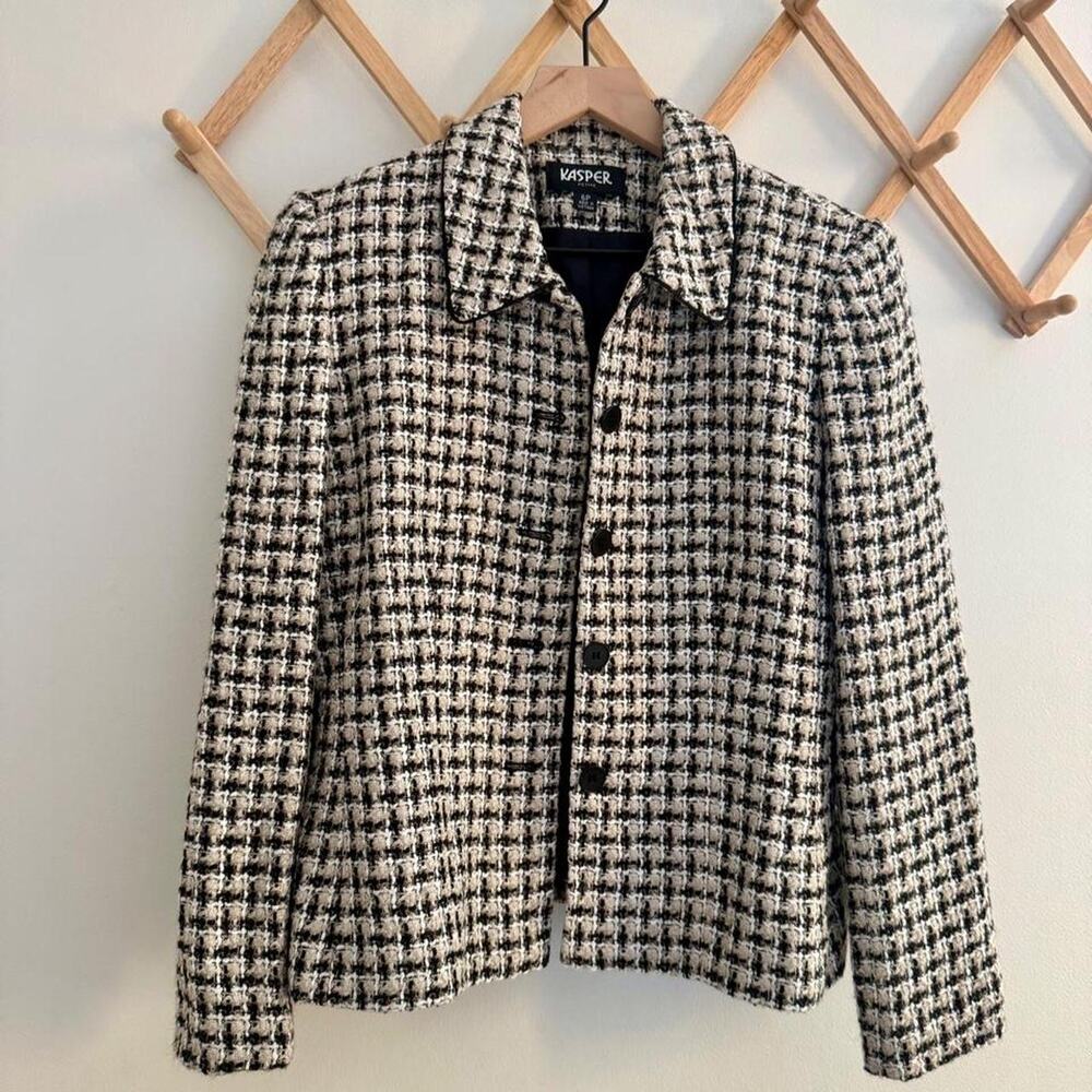 Kasper petite tweed jacket 6P Black Cream Boucle Blazer Preppy